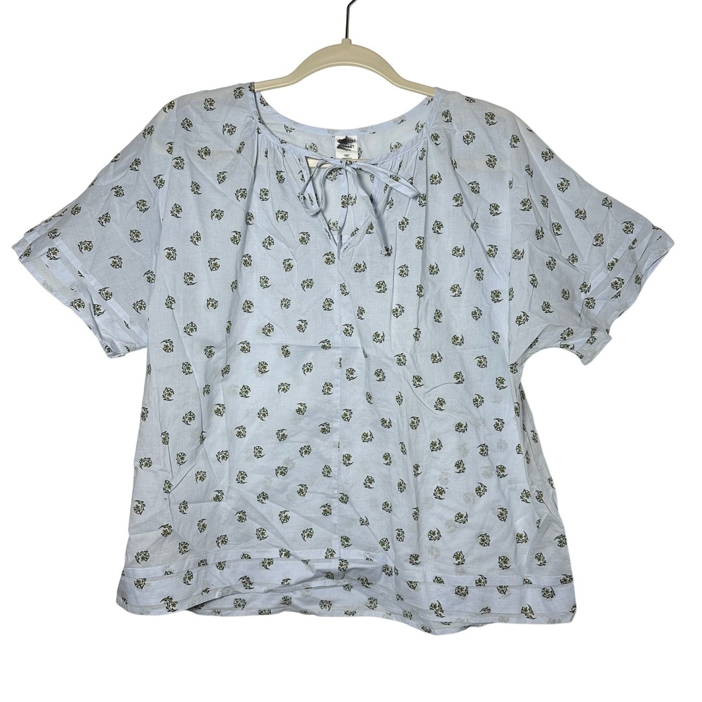 Melrose and Market Womens Light Blue Floral Tie‎ Neck Short Sleeve Top Medium